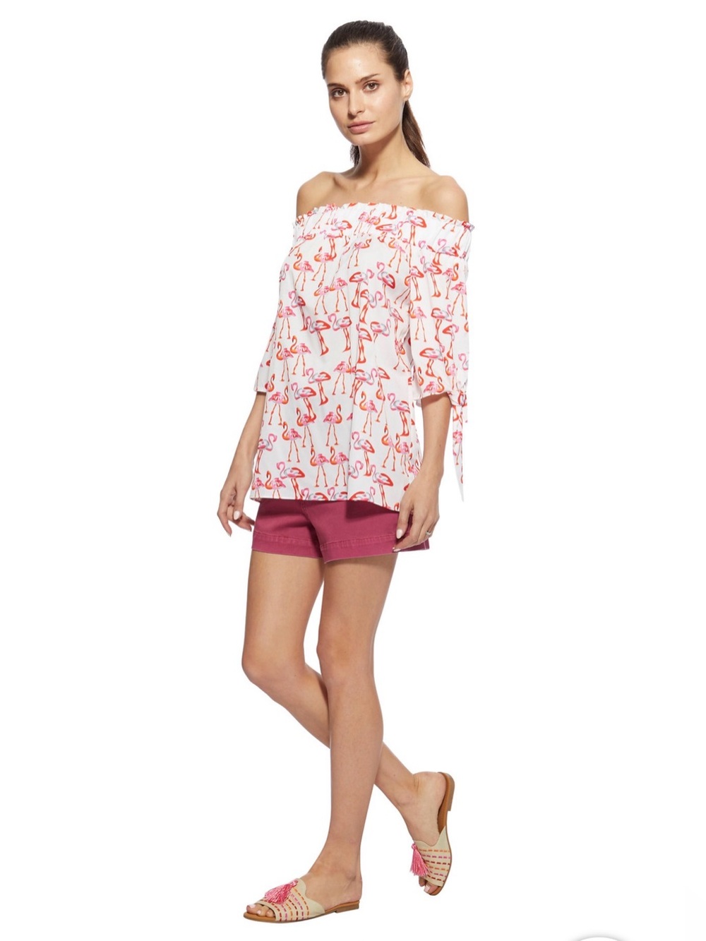 Off-Shoulder Flamingo Print Top — Pink & Coral Size Medium
